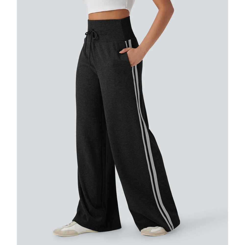 Halara Ribbed High Waisted Tummy Control Wide Leg Sweatpants Black Med NWT